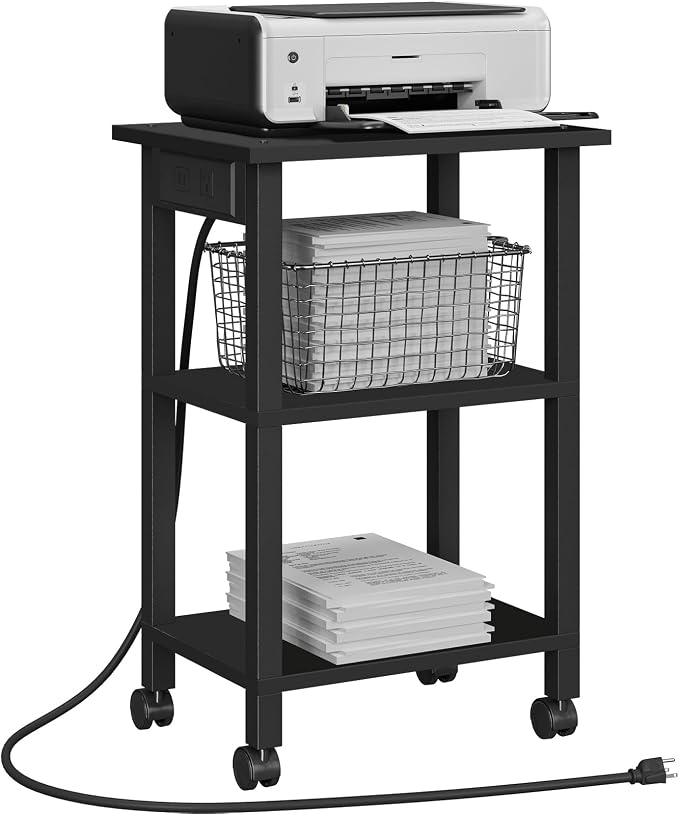 TUTOTAK 3 Tier Printer Stand, Rolling Printer Cart with Power Outlets and USB Ports, Mobile Printer Table with Wheels, for Under Desk, Office, Home, Greige PS02BK001