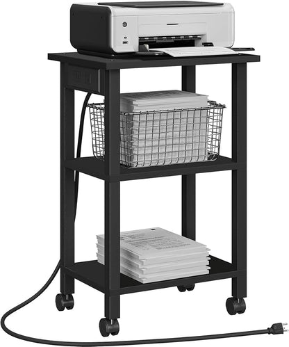 TUTOTAK 3 Tier Printer Stand, Rolling Printer Cart with Power Outlets and USB Ports, Mobile Printer Table with Wheels, for Under Desk, Office, Home, Greige PS02BK001
