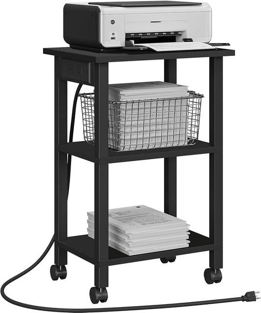 TUTOTAK 3 Tier Printer Stand, Rolling Printer Cart with Power Outlets and USB Ports, Mobile Printer Table with Wheels, for Under Desk, Office, Home, Greige PS02BK001