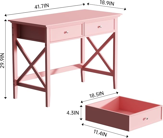 Lewahom Writing Computer Desk with Drawers, Cute Modern Table for Bedrooms, Pink Vanity Table Office Desk with Drawers, Home Computer Desk for Girls Living Room Entryway, Pink