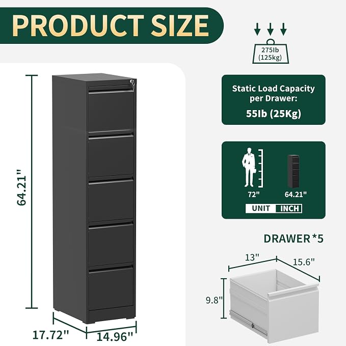 5 Drawer File Cabinet with Lock, Metal Vertical File Cabinets for Home Office, Office Furniture for Organization Hanging Legal/Letter/A4, Office File Cabinet Storage Cabinet, Require Assembly, Black