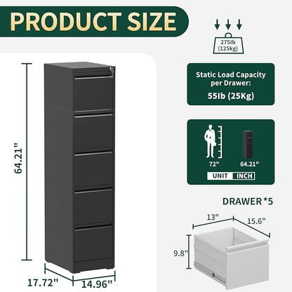 5 Drawer File Cabinet with Lock, Vertical File Cabinet with Lock, Locking File Cabinet Hanging Files for A4/ Legal/Letter, Require Assembly, Black