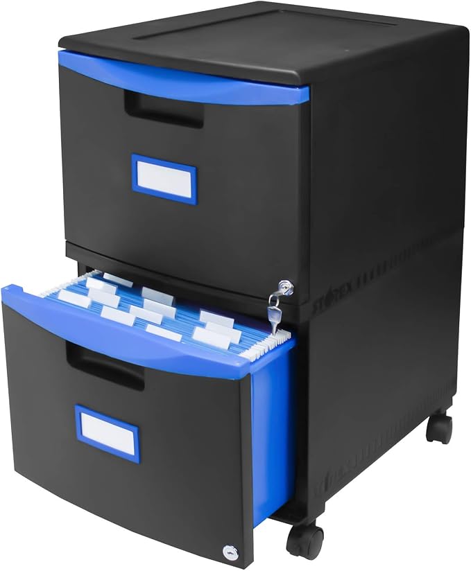 Storex Plastic Two-Drawer Mobile Pedestal File Cabinet – Locking Document Organizer with Casters for Home and Office, Black, 1-Pack (61314C01C)
