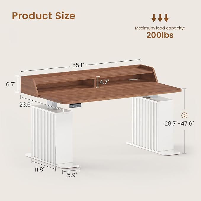SEDETA Standing Desk with Storage, 55" Fluted Stand Up Desk with Power Outlets & LED Lights, Height Adjustable Table with Monitor Shelf for Home Office, Gaming, Brown + White