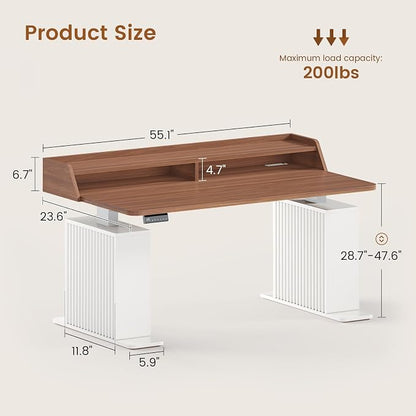 SEDETA Standing Desk with Storage, 55" Fluted Stand Up Desk with Power Outlets & LED Lights, Height Adjustable Table with Monitor Shelf for Home Office, Gaming, Brown + White