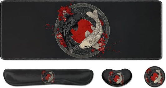 Desk Pad and Keyboard Wrist Rest, Large Mouse Pad + Keyboard Pad+Mouse Wrist Support, Non-Slip Desk Mat Protector for Office, Home 31.5×11.8 Inches Black and White Fish