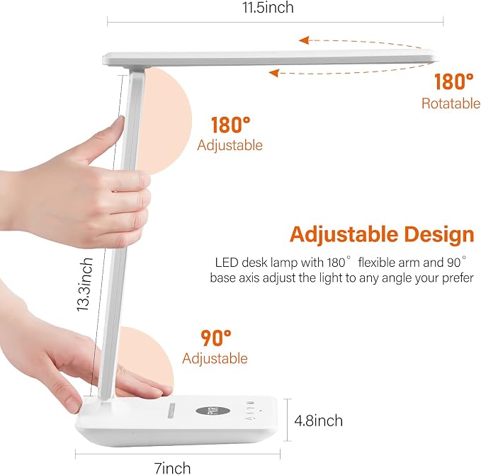 LED Desk Lamp with Wireless Charger, USB Charging Port, Office Table Lamp with Clock, Alarm, Date, Temperature for Home Office, White