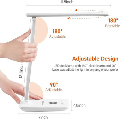 LED Desk Lamp with Wireless Charger, USB Charging Port, Office Table Lamp with Clock, Alarm, Date, Temperature for Home Office, White