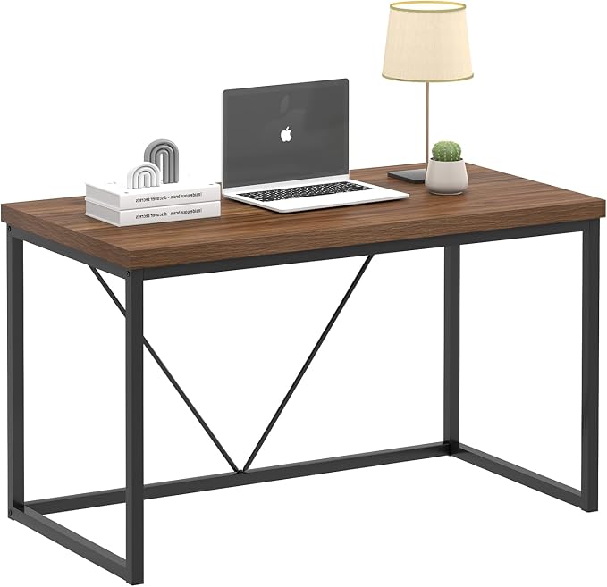 FOLUBAN Modern Office Desk, Rustic Wood and Metal Computer Desks, Industrial Study Writing Table, Simple Work Gaming PC Desk for Bedroom Living Room, Walnut 47 Inch