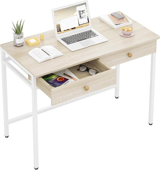 Weehom Computer Desk with Drawers, Home Office Desk for Writing, Studying, and Gaming - Sturdy and Spacious Workstation for PC and Laptop(Beige)