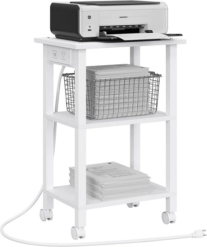 TUTOTAK 3 Tier Printer Stand, Rolling Printer Cart with Power Outlets and USB Ports, Mobile Printer Table with Wheels, for Under Desk, Office, Home, White PS02BW001