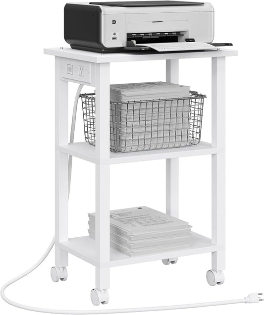 TUTOTAK 3 Tier Printer Stand, Rolling Printer Cart with Power Outlets and USB Ports, Mobile Printer Table with Wheels, for Under Desk, Office, Home, White PS02BW001
