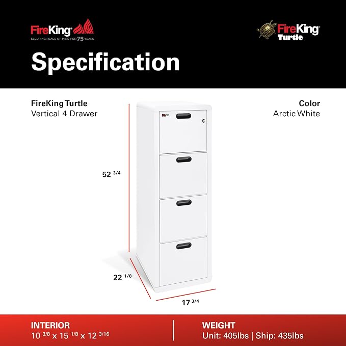 FireKing Turtle Contour - 4 Drawer Fire Safe File Cabinet with Key Lock - 1 Hour Fire Rated, UL Rated & Water Resistant Home Safe - Made in the USA Legal & Letter Filing Cabinet - Arctic White