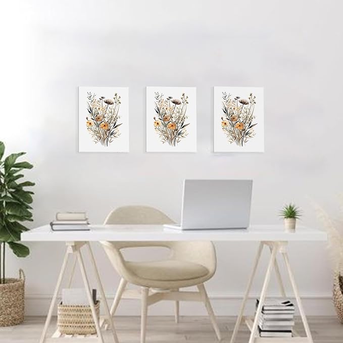 Colorful Wildflower Canvas Wall Art,Floral Wall Art Framed Set of 3 Flowers Art Prints,Watercolors Flower Wall Decor Living Room,Minimalist Botanical Wall Art Modern Wall Decor for Bathroom Bedroom Office,12"x16
