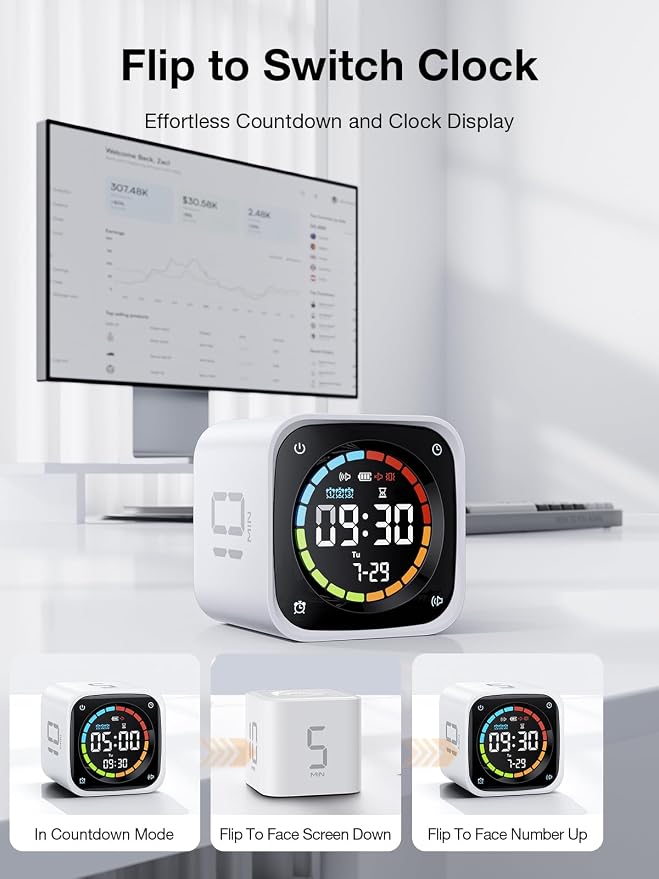 TK3 Pomodoro Timer Cube, Desk Productivity Timer with 5/10/30/60 Min Presets, Custom Countdown, Stopwatch, Clock, 3 Alarm, Silent, Vibrate & Sound Alert, for Task, ADHD, Study, Kitchen, White