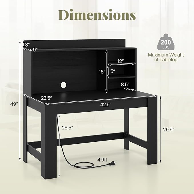 Giantex Computer Desk with Hutch, Modern Home Office Desk with Power Outlets, Storage Shelves & Cable Hole, Makeup Vanity Table, Study Writing Desk for Bedroom Office Small Space (Black)