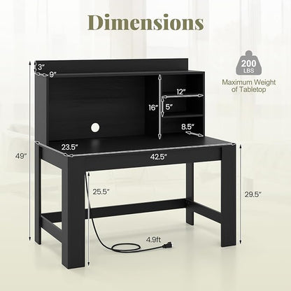 Giantex Computer Desk with Hutch, Modern Home Office Desk with Power Outlets, Storage Shelves & Cable Hole, Makeup Vanity Table, Study Writing Desk for Bedroom Office Small Space (Black)