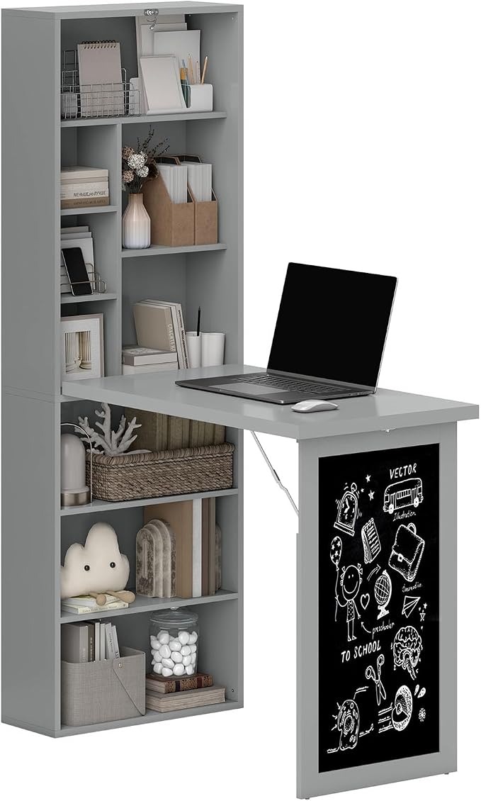 Foldable Wall Mounted Desk with Storage Shelves & Blackboard, Fold-Out Convertible Writing Table for Small Spaces | Space-Saving Floating Computer Desk for Home Office (Grey)