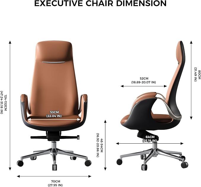 TOMU Top Grain Genuine Leather Executive Office Chair Brown, Luxury Office Chair with Aluminum Sturdy Base, High Back Ergonomic Boss Chair for Long Hours, Reclining and Rolling smoothly, (Brown)
