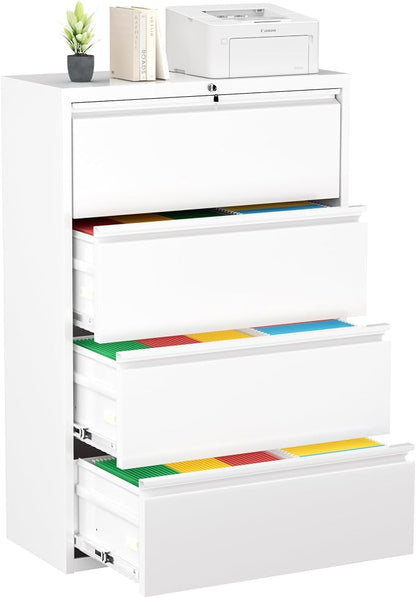 Greenvelly 4 Drawer File Cabinet, Lateral Filing Cabinet for Home Office, White Metal File Cabinet with Lock, Lockable Lateral File Cabinet with Hanging Files&Key for Letter/Legal/F4/A4 (36" W)