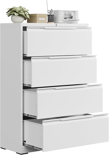 4 Drawer Lateral File Cabinet with Lock, Heavy-Duty Metal Filing Cabinet for Home Office, Steel Storage Compatible with Hanging Files Letter/Legal/F4/A4 Sizes (4 Drawer, White)
