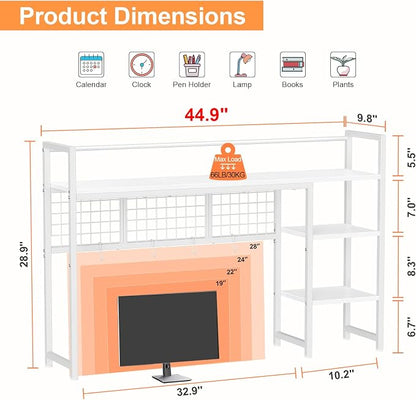 Snughome Desk Shelf, 44.9" Desktop Organizer Shelf, Desk Hutch for Computer Monitor, 4 Tier Desk Display Rack with Pegboard Hooks Set, Wood Desktop Bookshelf for Home Office Dorm