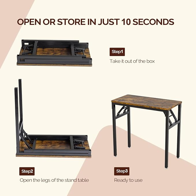 VINGLI Small Computer Desk No Assembly Required, Folding Desk as Writing Table, Dining Table and Workbench, Foldable Desk for Small Space & Home Office, 31.5 Inch, Brown & Black Frame