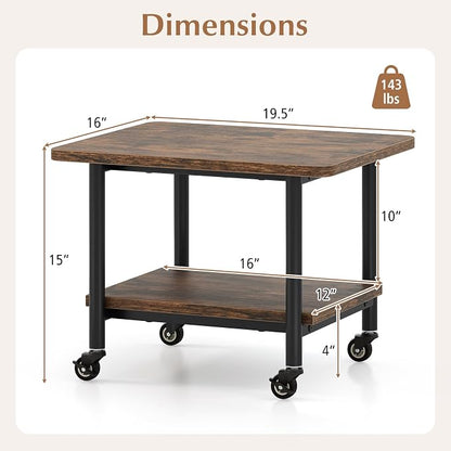 GOFLAME Under Desk Printer Stand, 2-Tier Industrial Mobile Printer Table with Storage Shelf, Metal Frame, Rolling Printer Cart Holder Storage Rack with Lockable Wheels for Home Office, Brown