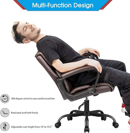 Furmax Mid Back Executive Office Chair Swivel Computer Task Chair with Armrests,Ergonomic Leather-Padded Desk Chair with Lumbar Support (Brown)