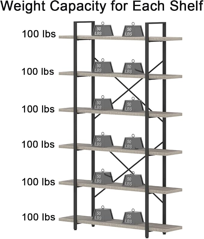 HSH 6 Tier Tall Bookshelf, Metal Wood Vertical Display Book Shelf, Industrial 6 Shelf Bookcases and Book Shelves Storage Rack, Large Open Book Case for Bedroom Living Room Office, Light Grey Oak