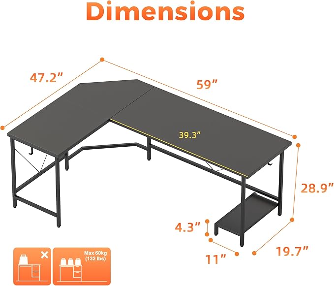 Mericonia 59 inch Large L Shaped Desk, Simple Corner Gaming Desk with CPU Stand & Hooks, Computer Desk for Home, Bedroom & Office Workspacee, Black