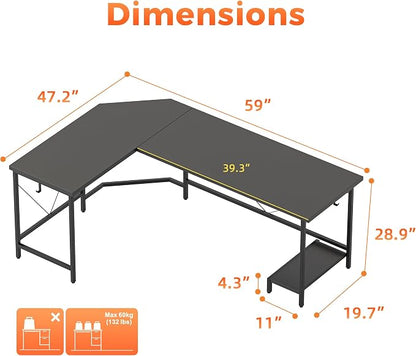Mericonia 59 inch Large L Shaped Desk, Simple Corner Gaming Desk with CPU Stand & Hooks, Computer Desk for Home, Bedroom & Office Workspacee, Black