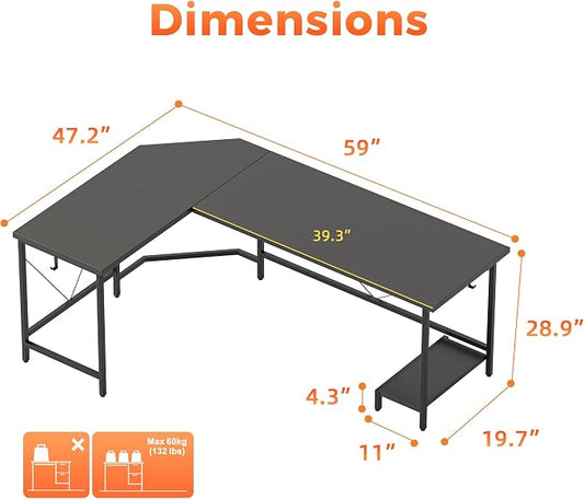 Mericonia 59 inch Large L Shaped Desk, Simple Corner Gaming Desk with CPU Stand & Hooks, Computer Desk for Home, Bedroom & Office Workspacee, Black