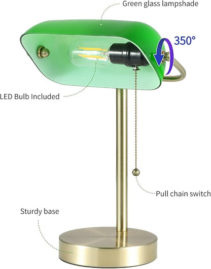 Traditional Green Glass Bankers Desk Lamp,LED Bulb Included | Pull Chain Switch Plug in Fixture