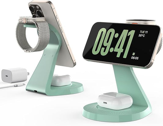 LONGCONN 3 in 1 Wireless Charging Station for Apple Devices with MagSafe | Charging for iPhone 17/Air/16/15/14/13, AirPods, Apple Watch, Weighted Stable Charging Stand, USB-C Adapter Included