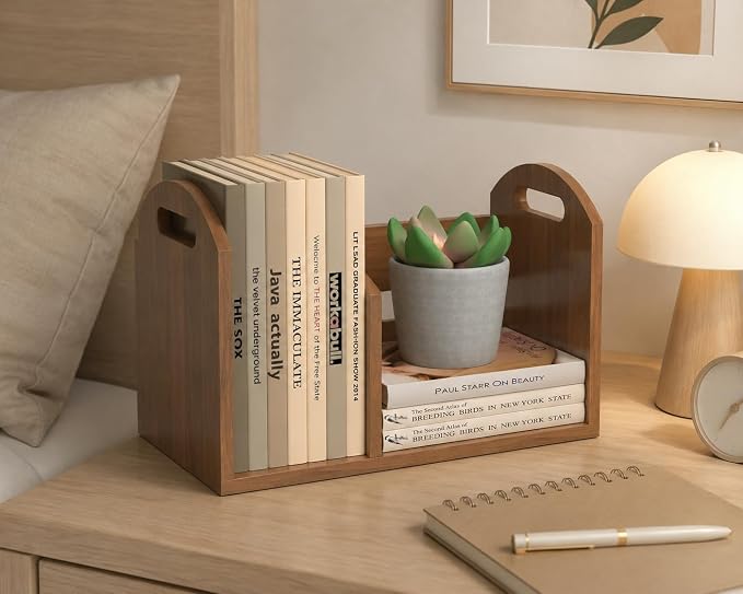 Wood Desktop Bookshelf, Upright Tabletop Book Shelf With Adjustable Divider Secure Books in Place, Desk Shelf for Top of Desk in Living Room Home Office, Perfect for Books Magazine File (Walnut Brown)