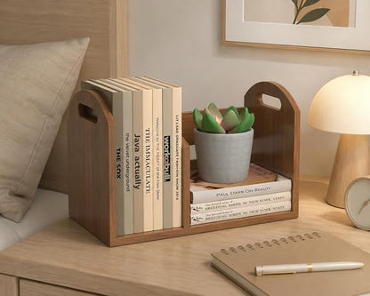 Wood Desktop Bookshelf, Upright Tabletop Book Shelf With Adjustable Divider Secure Books in Place, Desk Shelf for Top of Desk in Living Room Home Office, Perfect for Books Magazine File (Walnut Brown)