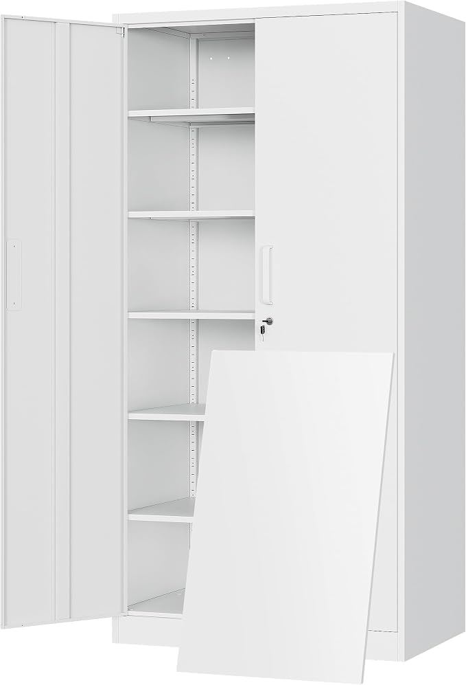 72"H Metal Storage Cabinets, Tall Locking Garage Cabinet with 2 Doors and 5 Adjustable Shelves, Steel Utility Tool Caninet, White Lockable Outdoor Storage Cabnet for Pantry, Garage, Home Office