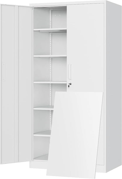 72"H Metal Storage Cabinets, Tall Locking Garage Cabinet with 2 Doors and 5 Adjustable Shelves, Steel Utility Tool Caninet, White Lockable Outdoor Storage Cabnet for Pantry, Garage, Home Office