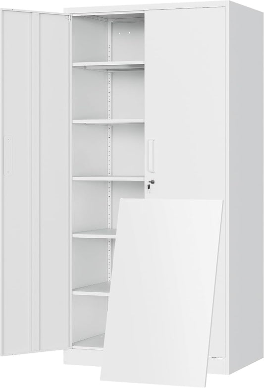 72"H Metal Storage Cabinets, Tall Locking Garage Cabinet with 2 Doors and 5 Adjustable Shelves, Steel Utility Tool Caninet, White Lockable Outdoor Storage Cabnet for Pantry, Garage, Home Office