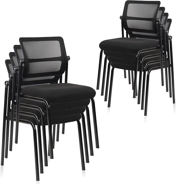 CLATINA Stacking Armless Office Waiting Room Chair with Adjustable Backrest, Stackable Mesh Guest Reception Desk Chairs with Ergonomic Lumbar Support for Conference Lobby Side School, Black, 8 Pack