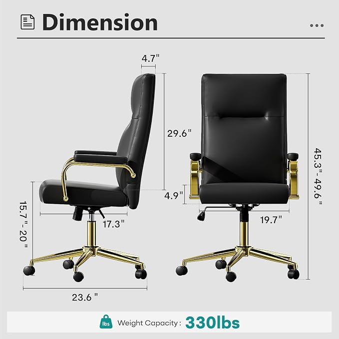 Black and Gold Office Desk Chair Memory Foam, High Back Leather Executive Office Chair with Wheels and Arms for Women Girls Teens Adults