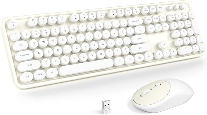 Atelus Wireless Keyboard and Mouse, Typewriter Full Size Keyboard with Number Pad and 2 in 1 USB Connected Mouse for Windows 7/8/10, Laptop, Desktop, PC, Computer (Off-White)