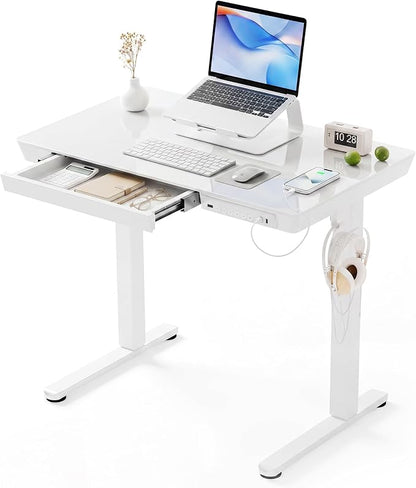 INNOVAR 32" Small Glass Standing Desk with Drawers & USB Ports, Whole-Piece Glass Top Adjustable Height Desks, Quick-Install Electric Sit-Stand Up Desk for Home Office & Computer Workstation, White