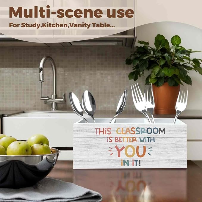 Boho Classroom Pencil Pen Holder for Desk Organizer, Inspirational Motivational Gifts, This Classroom Is Better with You in It Wooden Box Decorations for Kids Room Bedroom Desk Tabletop Decor