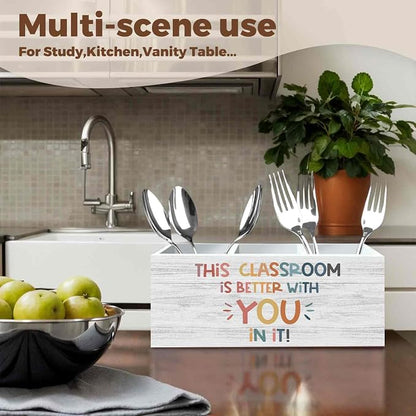 Boho Classroom Pencil Pen Holder for Desk Organizer, Inspirational Motivational Gifts, This Classroom Is Better with You in It Wooden Box Decorations for Kids Room Bedroom Desk Tabletop Decor