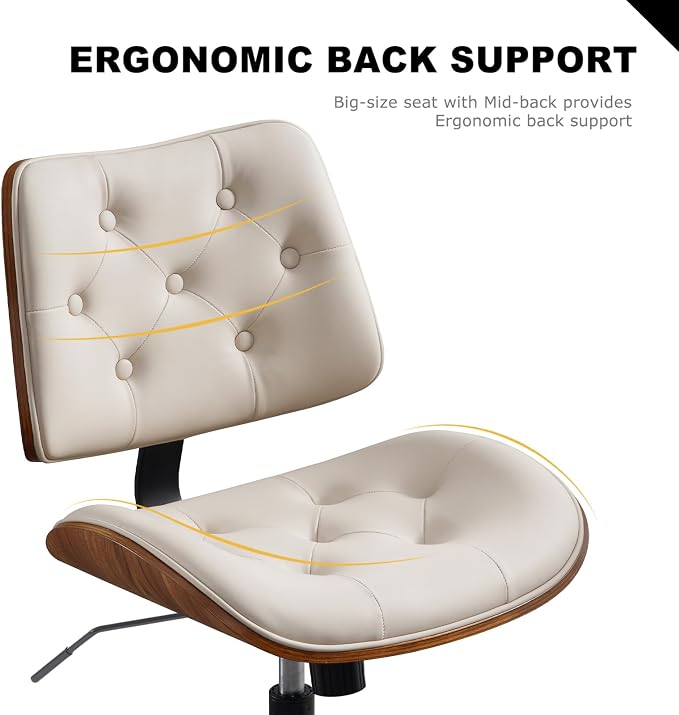 BV Armless Desk Chair with Wheels, 360 Swivel Home Office Chair No Arms, Height Adjustable Task Chair for Small Space, PU Leather Office Chair, Rolling Chair for Reading Room, Conference Room, Beige