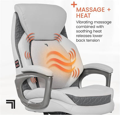 Sharper Image S600 Active Lumbar Ergonomic Bonded Leather Swivel Executive Massage Chair, White/Gray