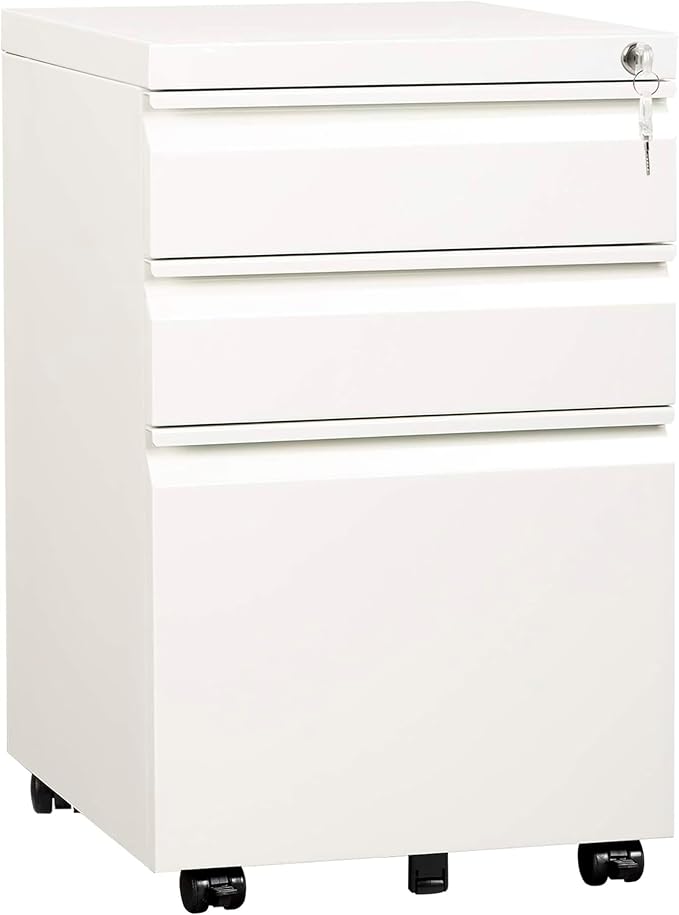 Mount-It! 3 Drawer File Cabinet with Lock and Wheels, Under Desk Storage Filing Pedestal for Home Office, No Assembly Small Rolling File Cabinet for Legal, Letter, and A4 Files in White