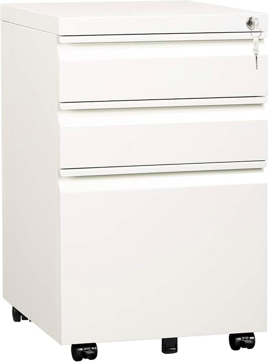 Mount-It! 3 Drawer File Cabinet with Lock and Wheels, Under Desk Storage Filing Pedestal for Home Office, No Assembly Small Rolling File Cabinet for Legal, Letter, and A4 Files in White